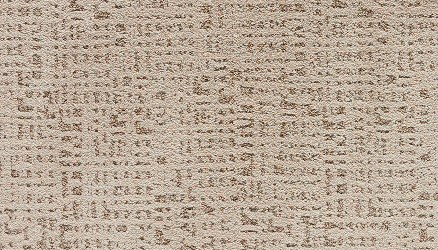 Close-up of Luxuriant Path Pet Friendly Carpet in Chalet—a textured beige, stain-resistant carpet with a subtle geometric grid pattern in deeper tones for a modern, abstract look that's also safe for pets.