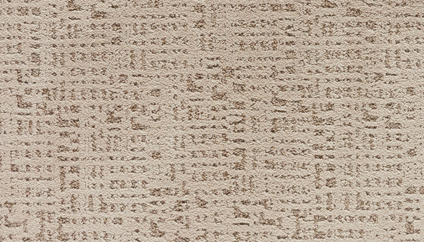 Close-up of Luxuriant Path Pet Friendly Carpet in Chalet—a textured beige, stain-resistant carpet with a subtle geometric grid pattern in deeper tones for a modern, abstract look that's also safe for pets.