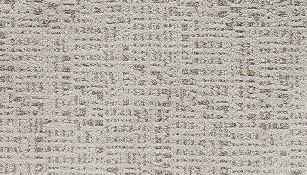 Close-up of Luxuriant Path Pet Friendly Carpet in Arctic—a light beige, stain-resistant carpet with a geometric grid pattern. Irregular rectangles and varied beige shades create a stylish, durable, and pet-friendly choice.