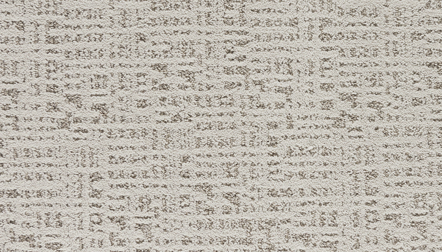 Close-up of Luxuriant Path Pet Friendly Carpet in Haze, featuring a beige, stain-resistant texture with a subtle abstract geometric pattern in a slightly darker tone for a modern look.
