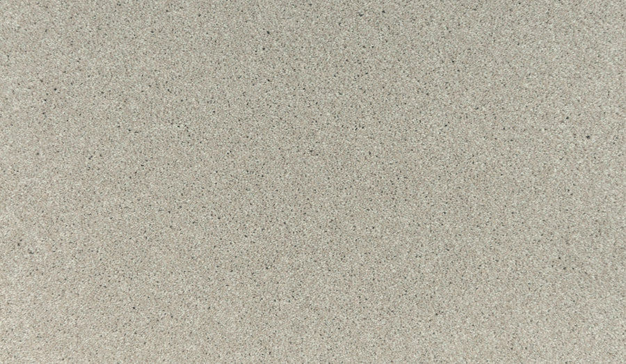 A close-up of the Luxuriant Touch II Pet Friendly Carpet in Linen shows its smooth, light gray surface with a fine, grainy texture and tiny speckles throughout, highlighting its refined and elegant appearance.
