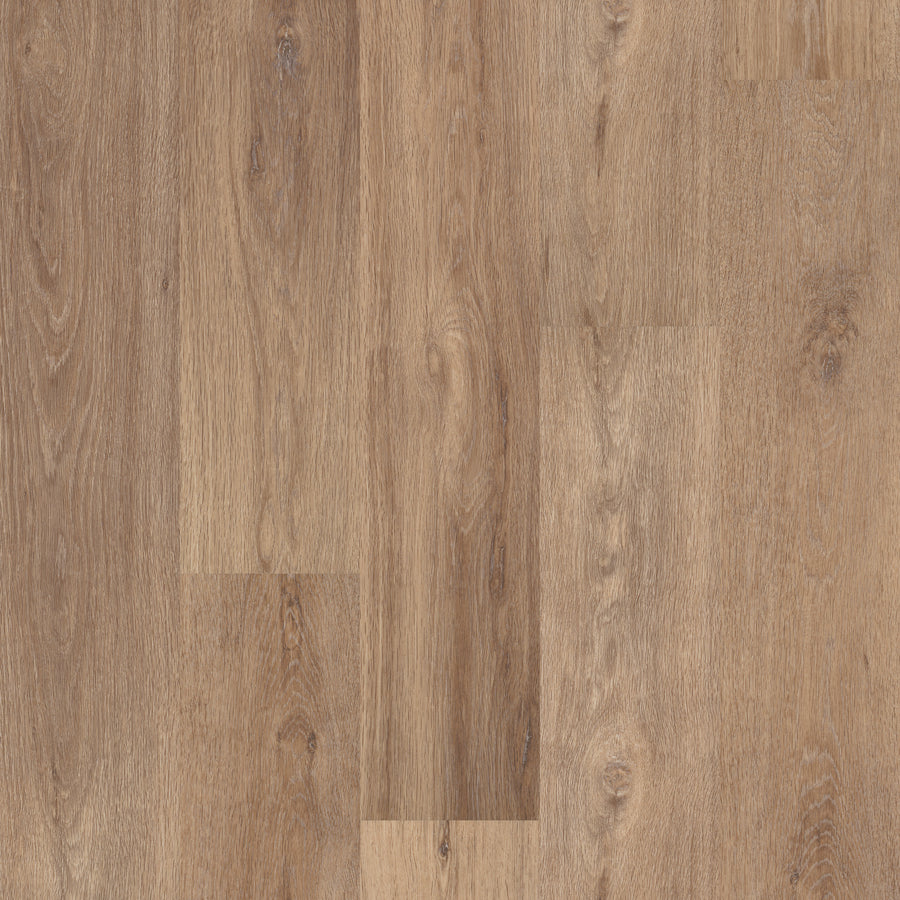 Close-up of Coretec Pro Plus Enhanced Vinyl flooring in natural light brown, showcasing waterproof features, realistic wood grain patterns, knots, and subtle color variations on each plank for a luxurious touch.