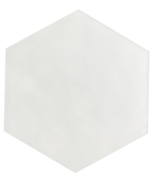 The Maiolica 7x8 Hexagon Ceramic Tile features a plain white hexagon shape on a white background, evoking the timeless look of a classic luxury ceramic tile design.