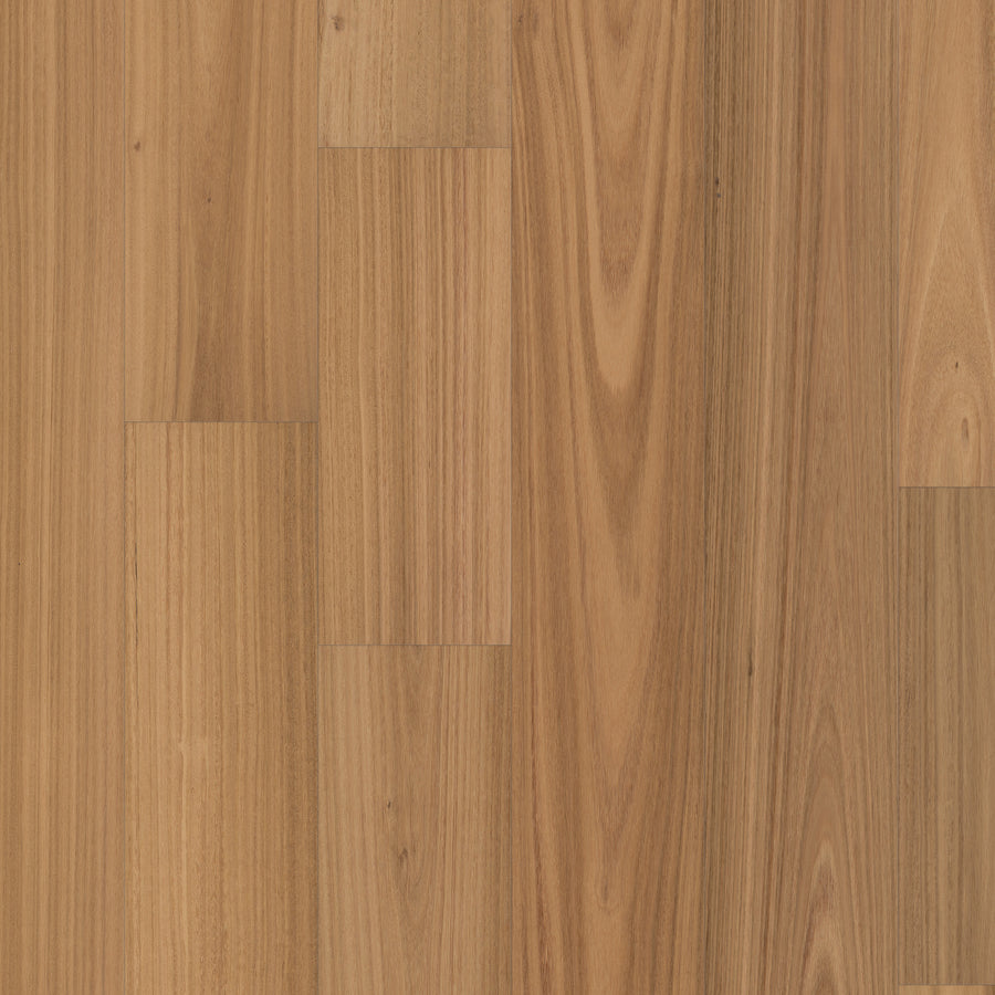 The Harvest Glow 7 1/2" European Walnut Hardwood in Maize features wide planks of light brown wood with a natural grain pattern and subtle shade variations, arranged parallel to each other.