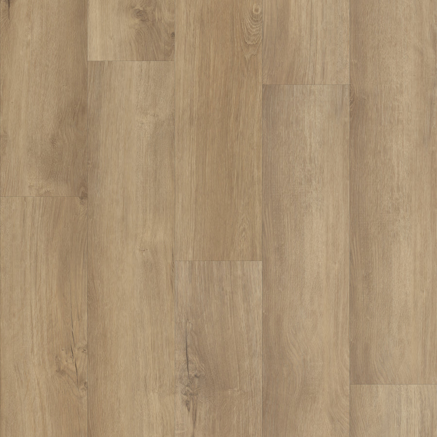 Endura 5C Plus 7" Vinyl flooring features a light brown finish with natural grain patterns and subtle tone variations. Planks fit together in a staggered layout, providing a smooth surface and warm, inviting appearance.