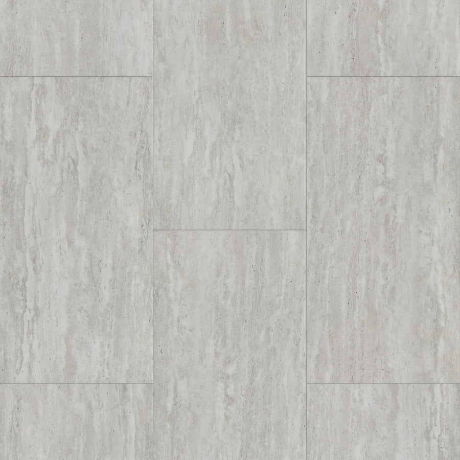 Coretec Plus Tile Luxury Vinyl Tile showcases light gray stone-look designs with subtle streaks, natural texture, tonal variations, and fine speckles. Its matte finish and staggered pattern deliver durable, waterproof rigid vinyl flooring.