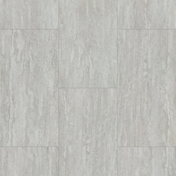 Coretec Plus Tile Luxury Vinyl Tile showcases light gray stone-look designs with subtle streaks, natural texture, tonal variations, and fine speckles. Its matte finish and staggered pattern deliver durable, waterproof rigid vinyl flooring.