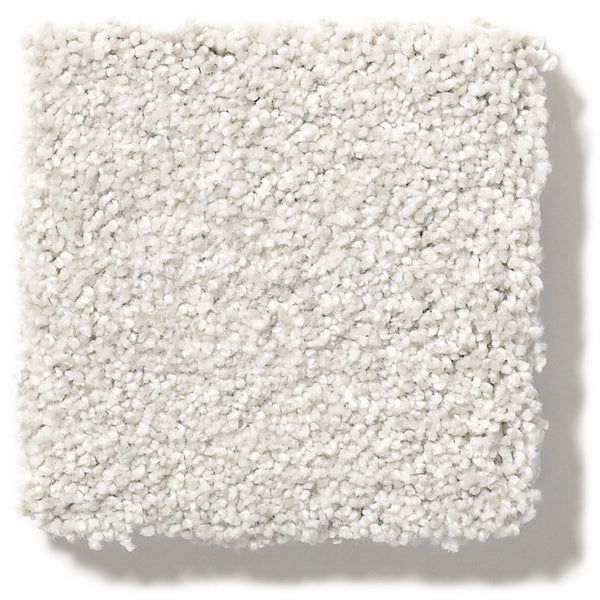 A square sample of Tonal Comfort Blue Family Friendly Carpet, featuring a plush light gray textured surface, is displayed against a white background.