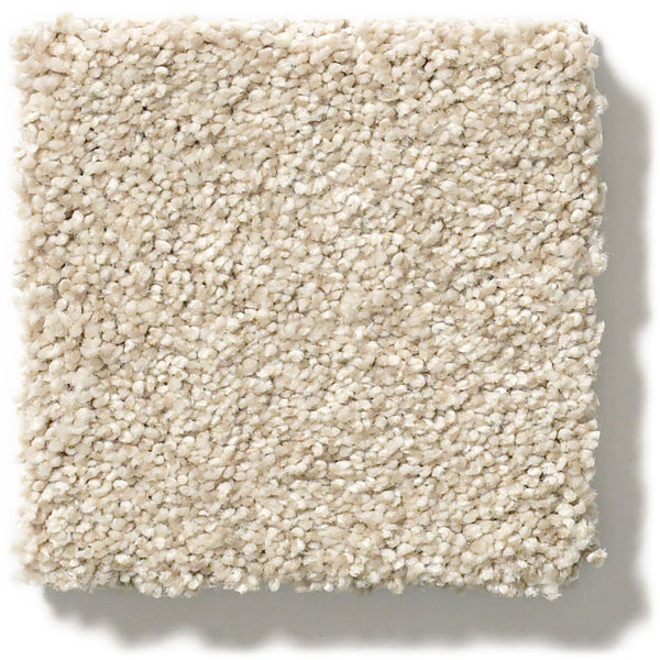 The Tonal Comfort Blue Family Friendly Carpet is shown as a square swatch of light beige, textured, plush carpet with a slightly speckled look—durable and ideal for any home.