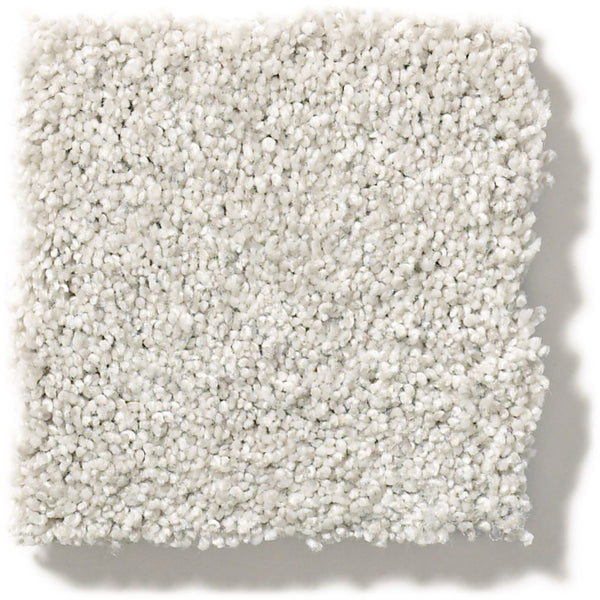 A square sample of Tonal Comfort Blue Family Friendly Carpet, featuring a light gray hue, textured durable surface, and dense, soft pile, photographed on a plain white background.