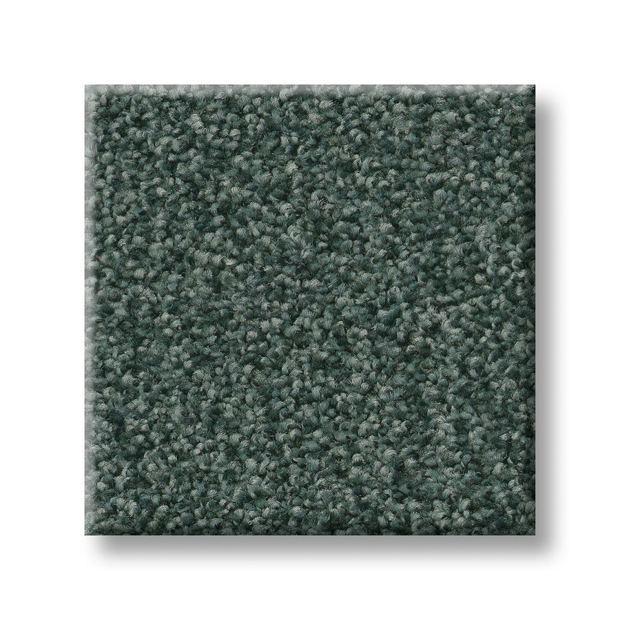 A square sample of Tonal Comfort Blue Family Friendly Carpet in textured dark grayish-green is shown on a white background—combining durability and style for everyday living.