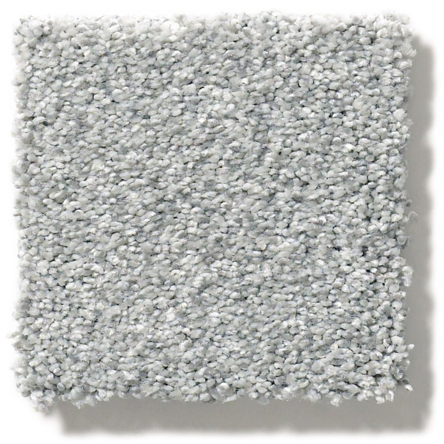 A square sample of Tonal Comfort Blue Family Friendly Carpet, featuring a soft, plush, textured surface in light gray, is displayed on a white background.