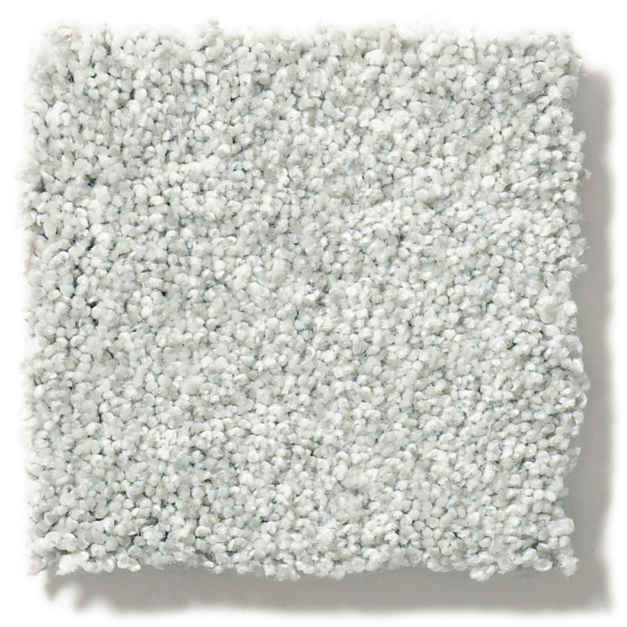 A square sample of Tonal Comfort Blue Family Friendly Carpet with a soft, textured light gray surface is displayed on a white background—ideal for adding comfort to any cozy space.