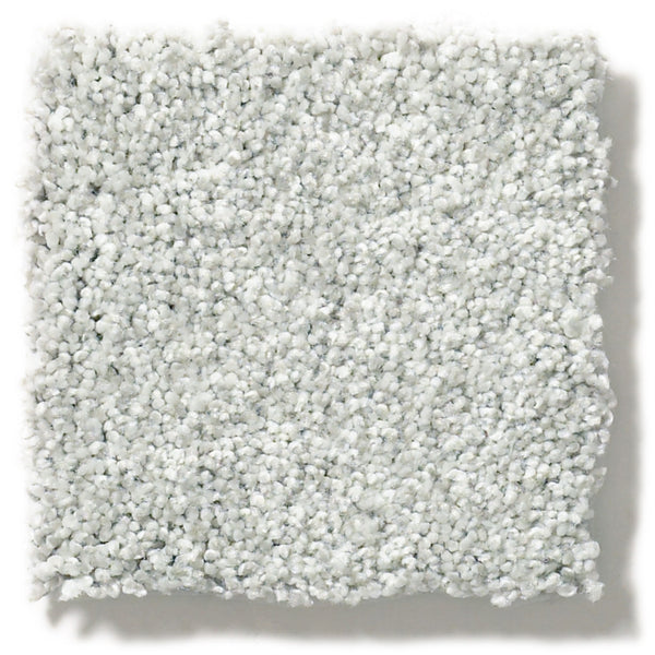 A square sample of Tonal Comfort Blue Family Friendly Carpet with a soft, textured light gray surface is displayed on a white background—ideal for adding comfort to any cozy space.