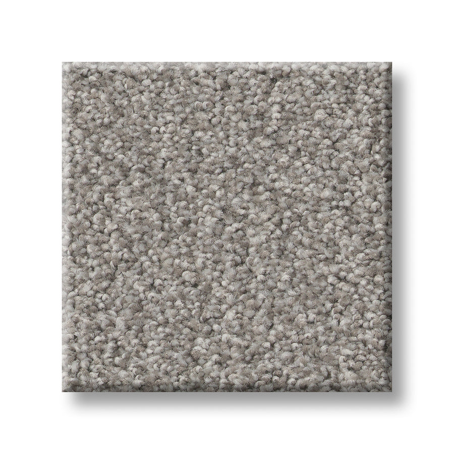 A square sample of Tonal Comfort Blue Family Friendly Carpet, featuring a light gray, dense looped pile and textured finish, is displayed on a white background—ideal for durable, family-friendly spaces.