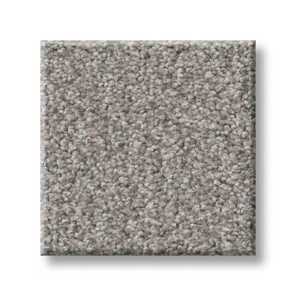 A square sample of Tonal Comfort Blue Family Friendly Carpet, featuring a light gray, dense looped pile and textured finish, is displayed on a white background—ideal for durable, family-friendly spaces.