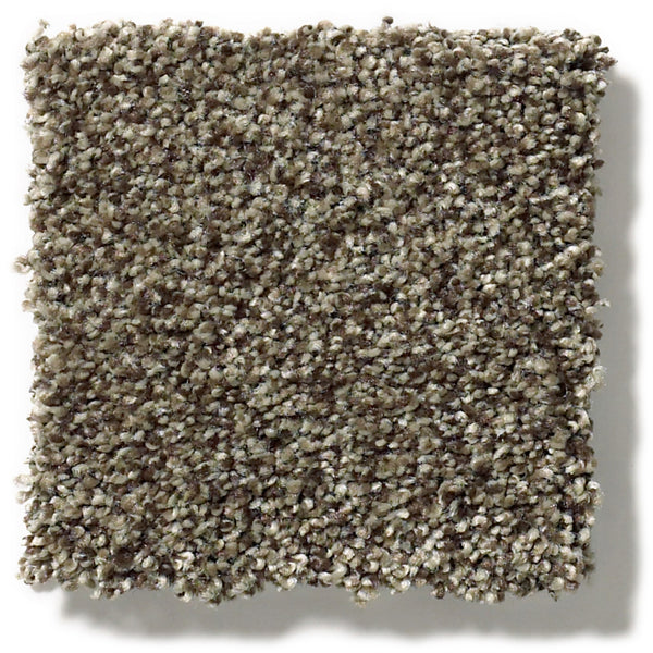 A square swatch of Tonal Comfort Blue Family Friendly Carpet, featuring durable fibers in beige, brown, and gray, is shown on a white background—ideal for cozy family spaces.