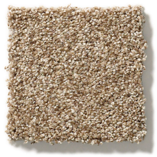 A square swatch of Tonal Comfort Blue Family Friendly Carpet with a looped pile shows beige, tan, and brown textured fibers. The sample is photographed on a white background.