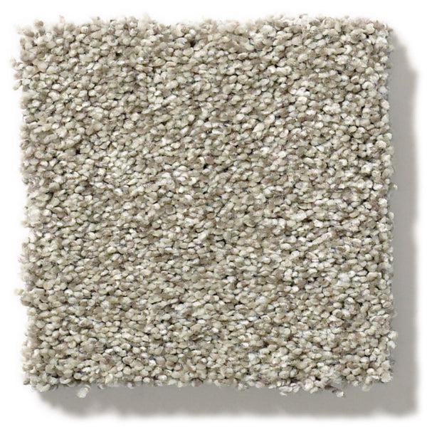 Tonal Comfort Blue Family Friendly Carpet features a square swatch of textured, light beige carpet with tightly packed looped fibers, blending off-white and grey tones for a soft, plush, durable, and inviting appearance.