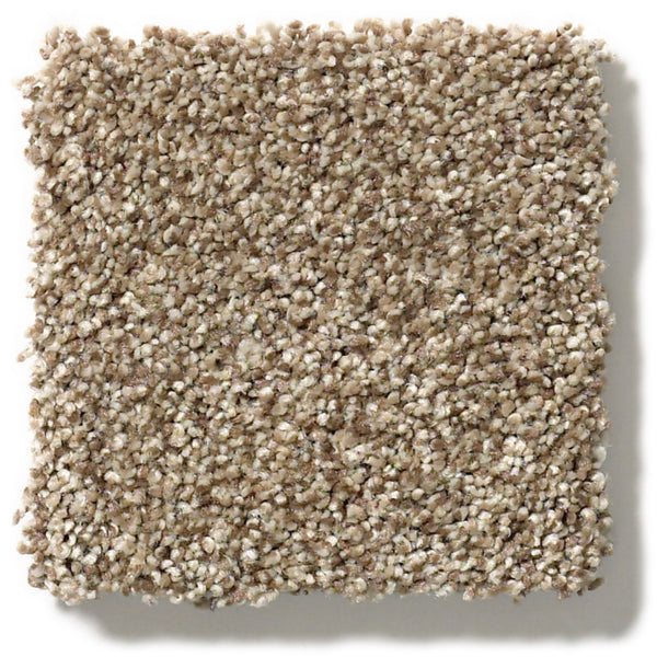 A square swatch of Tonal Comfort Blue Family Friendly Carpet with tightly packed, looped fibers. This soft, dense carpet features a neutral beige and light brown color mix and uniform pattern—ideal for any family space.