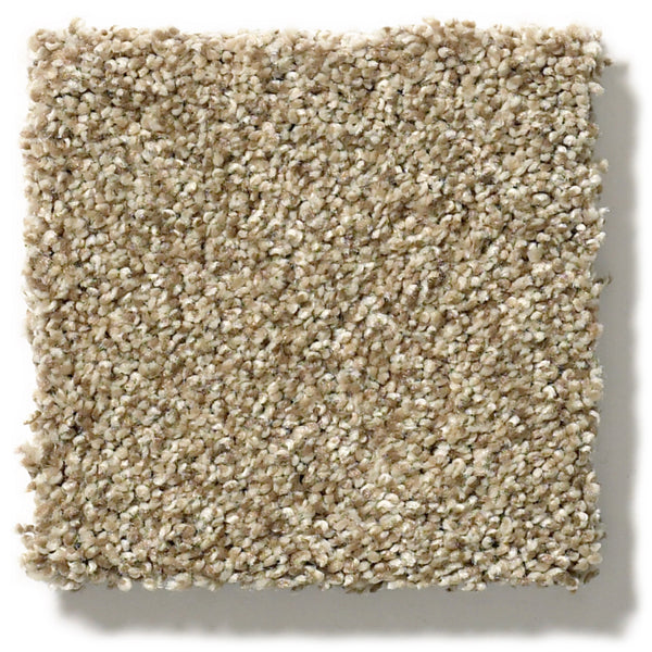 A close-up of the Tonal Comfort Blue Family Friendly Carpet shows a square beige sample with blended light and dark fibers for depth, set against a white background.