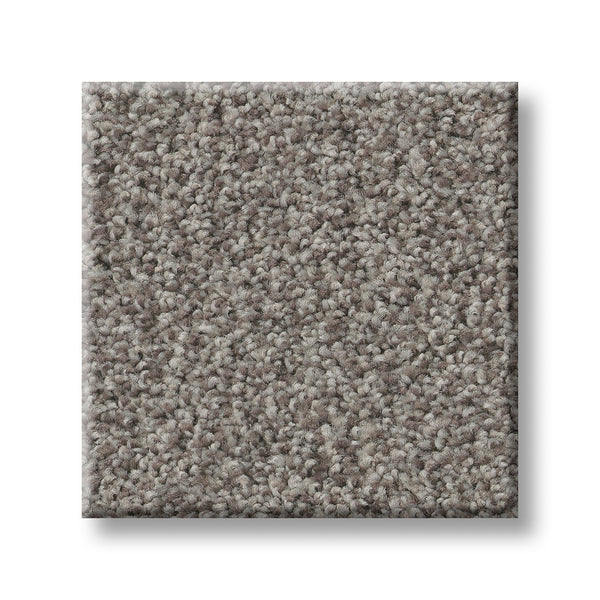 A square sample of Tonal Comfort Blue Family Friendly Carpet, featuring a light gray textured looped pile, is shown on a white background—a durable and family-friendly flooring option for any home.