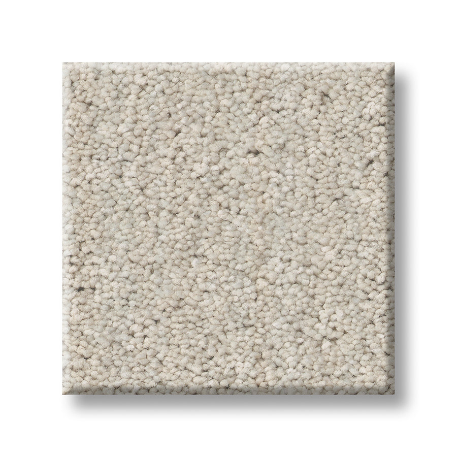 A square sample of Serene Stria Family Friendly Carpet in light beige, featuring a soft, dense, textured pile, displayed against a white background.