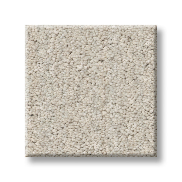 A square sample of Serene Stria Family Friendly Carpet in light beige, featuring a soft, dense, textured pile, displayed against a white background.
