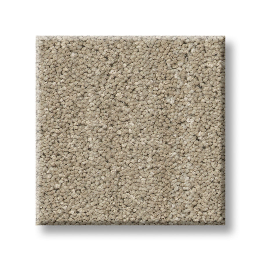 The Serene Stria Family Friendly Carpet is a beige, textured square sample with tightly looped fibers, shown on a white background—perfect for durable, family-friendly spaces.