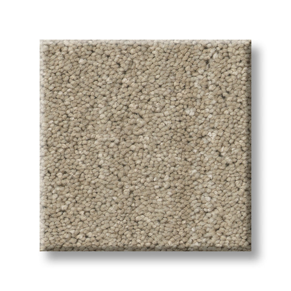 The Serene Stria Family Friendly Carpet is a beige, textured square sample with tightly looped fibers, shown on a white background—perfect for durable, family-friendly spaces.