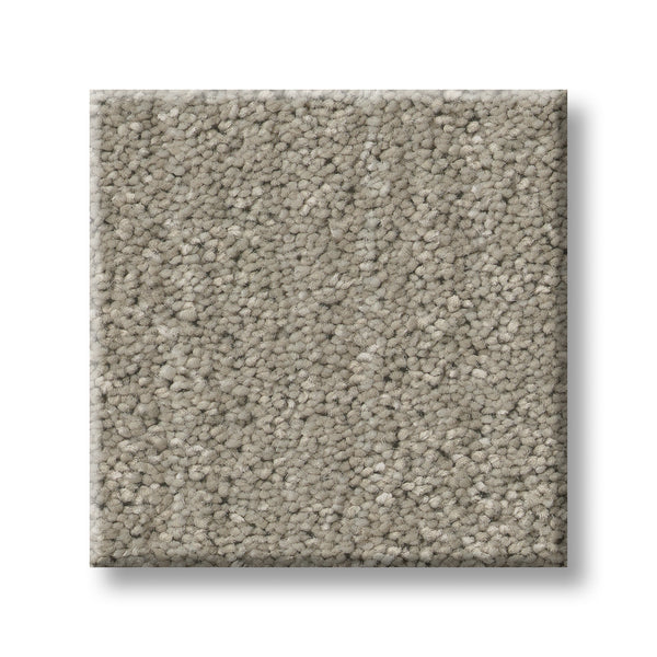 A square sample of Serene Stria Family Friendly Carpet in light gray, featuring a soft, plush texture, is displayed against a white background.