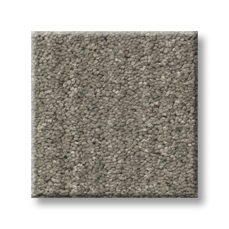 A square sample of Serene Stria Family Friendly Carpet in gray, featuring tightly packed, textured fibers, displayed against a white background.