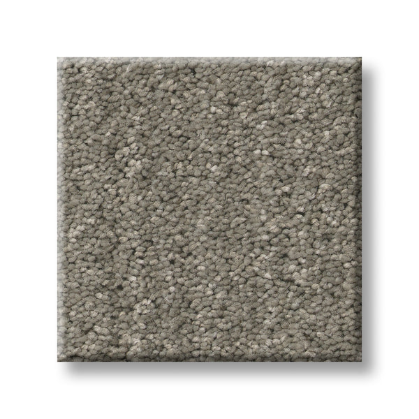 A square sample of Serene Stria Family Friendly Carpet in gray, featuring tightly packed, textured fibers, displayed against a white background.