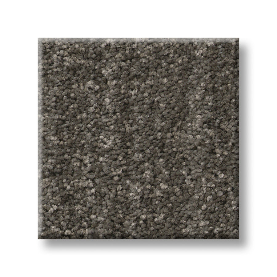 A square swatch of Serene Stria Family Friendly Carpet in a dense, textured medium gray is shown against a white background.