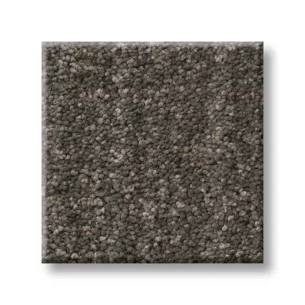 A square swatch of Serene Stria Family Friendly Carpet in a dense, textured medium gray is shown against a white background.