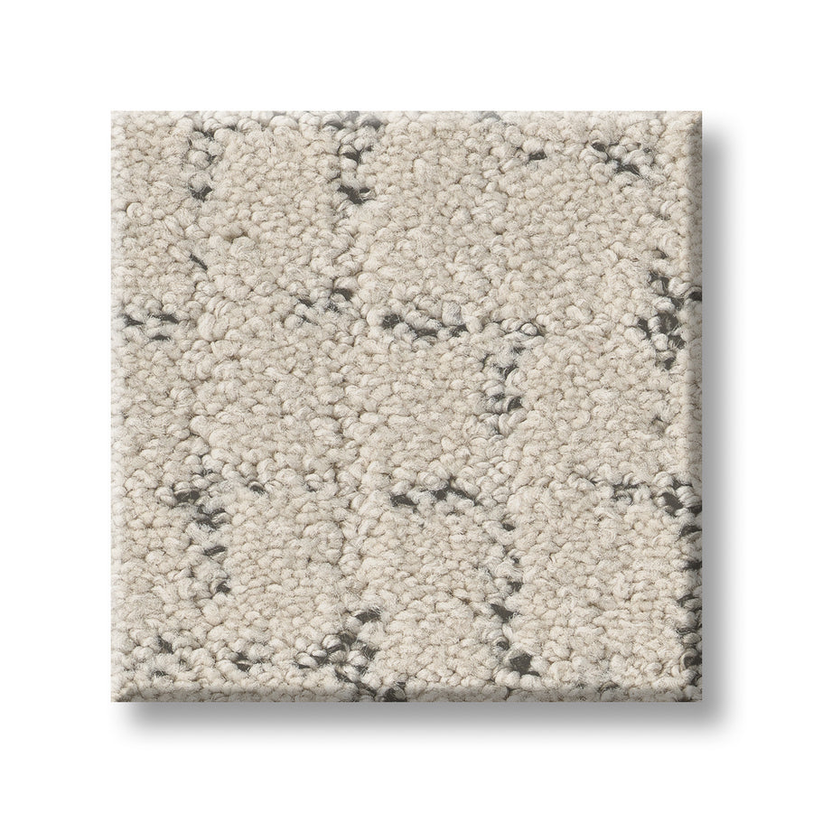 A square sample of Block Party Family Friendly Carpet in light beige, showcasing a subtle, irregular checkered pattern with darker gray fibers. Soft and plush, it’s ideal for adding comfort and style to any room.