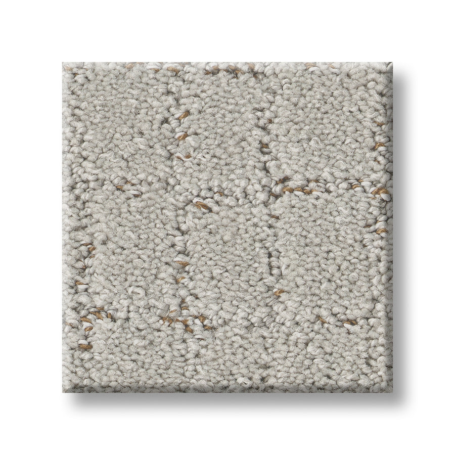 A close-up of Block Party Family Friendly Carpet in light gray shows its subtle square pattern and soft, textured surface. The carpet's elegant look contrasts with the clean white background.