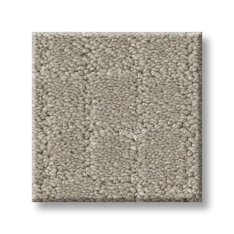 A square sample of Block Party Family Friendly Carpet in light gray with a premium looped pile pattern is shown on a white background.