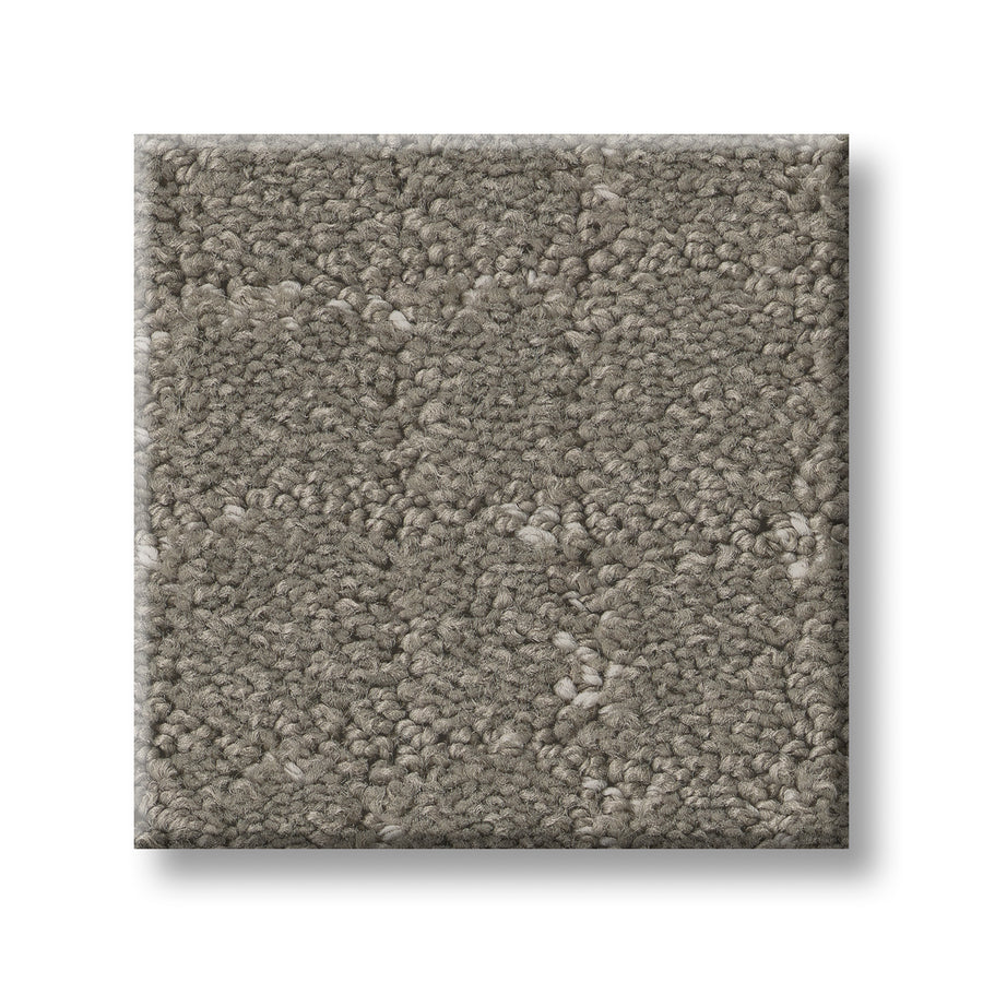A square sample of Block Party Family Friendly Carpet in elegant light gray loop-pile is displayed on a white background, highlighting its modern style and durability.