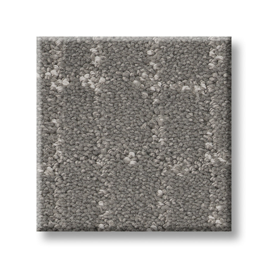 A square sample of Block Party Family Friendly Carpet in textured gray with a subtle light checkered pattern is shown on a white background.
