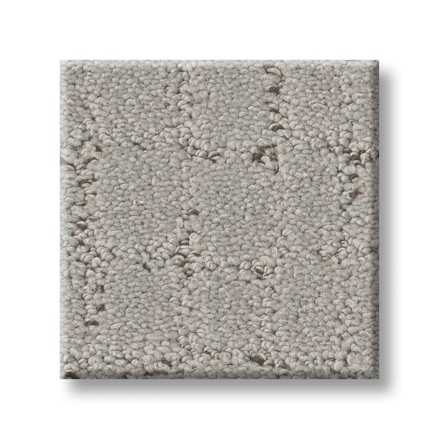 A square sample of Block Party Family Friendly Carpet in light gray, showcasing a subtle checked pattern with raised textured loops, is displayed on a white background.