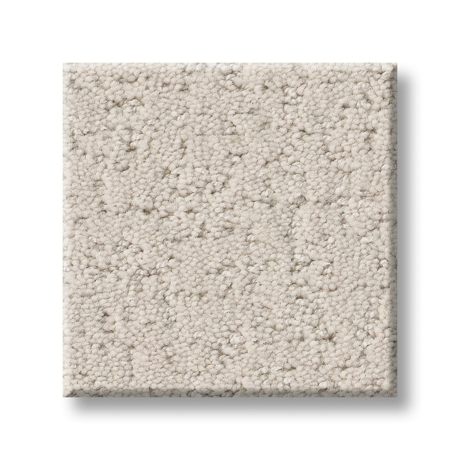 A square sample of Canvas Comfort Blue Family Friendly carpet, light beige with a plush, textured surface, is shown against a white background.