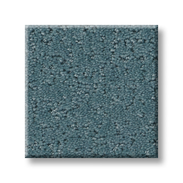 A square sample of Canvas Comfort Blue Family Friendly textured, teal-blue premium carpet with a looped pile surface is shown against a white background.