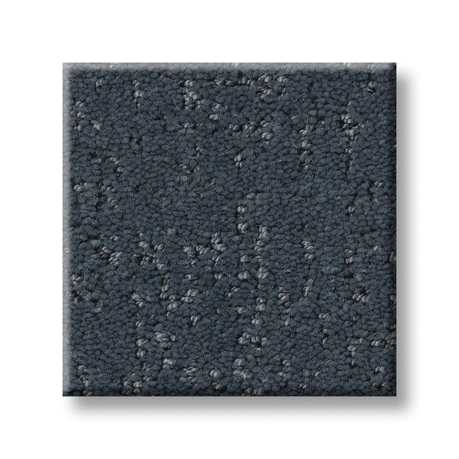 A square sample of Canvas Comfort Blue Family Friendly carpet in dark gray with a textured, irregular pattern is shown on a white background.