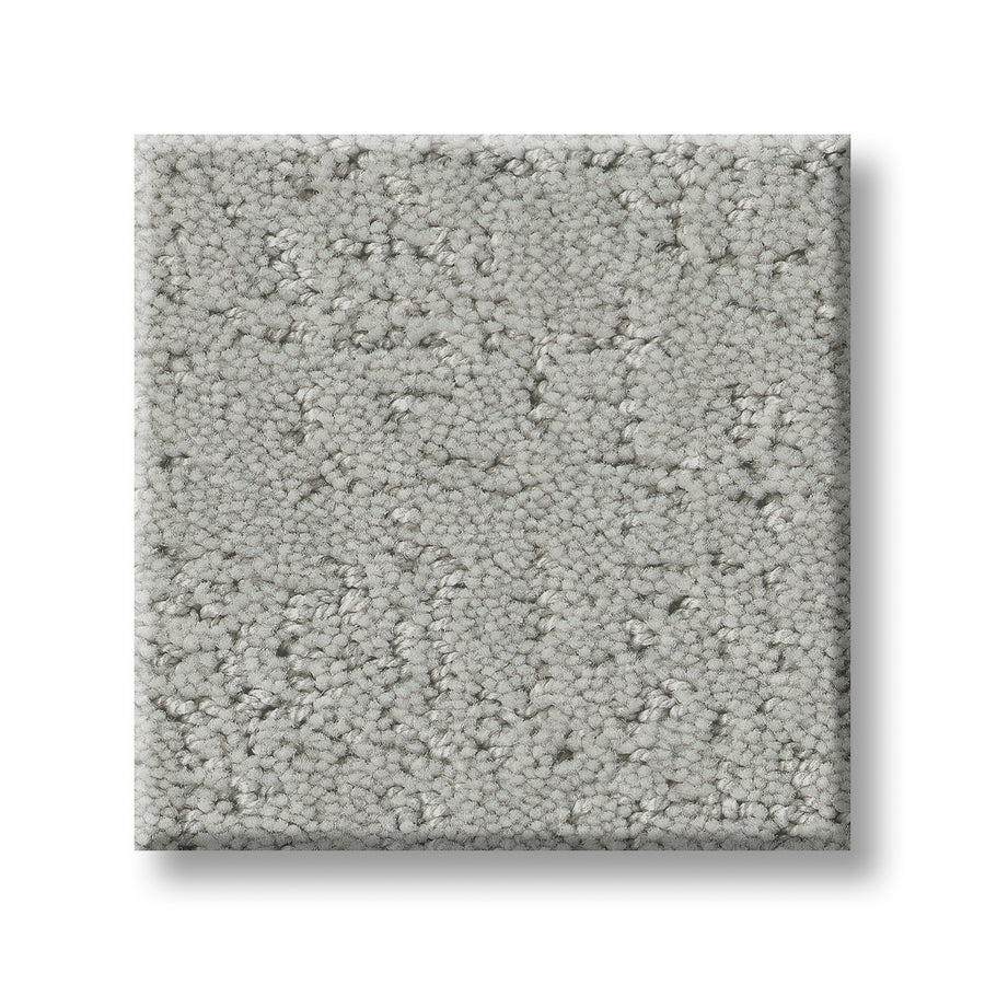 A square sample of Canvas Comfort Blue Family Friendly, a light gray loop-pile carpet with a textured surface, is shown on a white background.