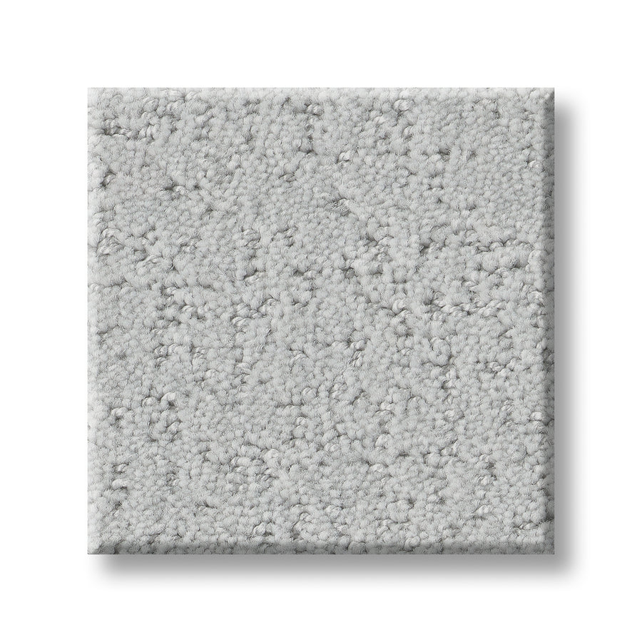 A square sample of Canvas Comfort Blue Family Friendly carpet in light gray with a soft, looped textured surface is shown on a white background.