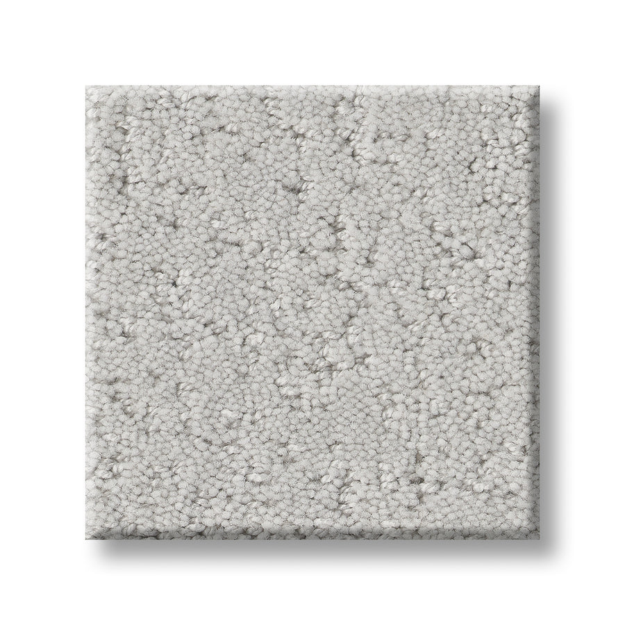 A square sample of Canvas Comfort Blue Family Friendly carpet, featuring a light gray textured soft looped pile, displayed on a white background.