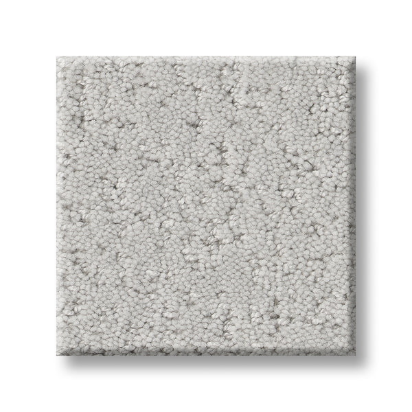 A square sample of Canvas Comfort Blue Family Friendly carpet, featuring a light gray textured soft looped pile, displayed on a white background.