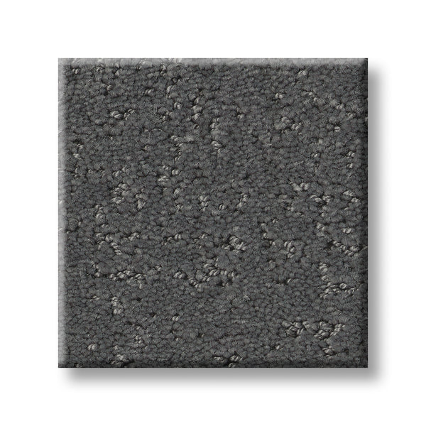 A square sample of Canvas Comfort Blue Family Friendly carpet, featuring a luxurious dark gray textured, subtly uneven looped pile pattern, shown on a white background.