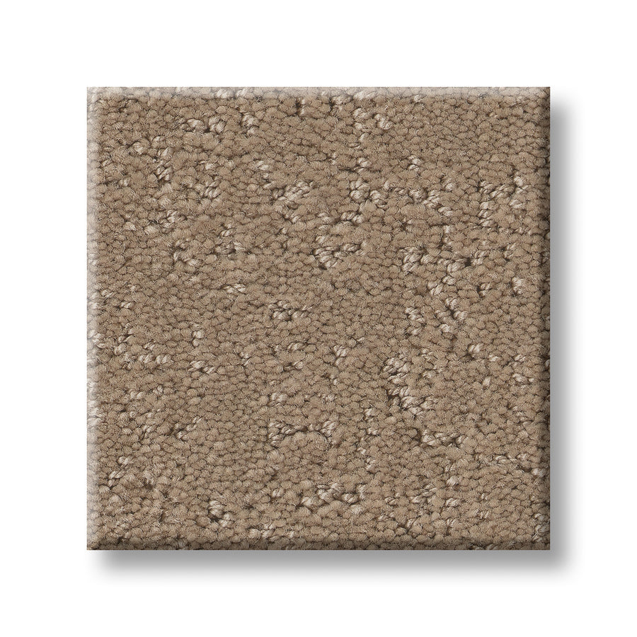 A square sample of Canvas Comfort Blue Family Friendly carpet, featuring a blend of looped and cut fibers in light brown, displayed on a white background.